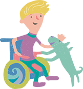 車いすの少年と犬